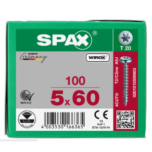 SPS SPAX bolkop 5.0 x 60 T20 /100st Wirox (0201010500603)