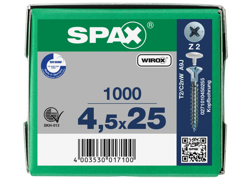 SPS SPAX kopboring 4.5 x 25 PZ2 /1000st Wirox (0271010450255)