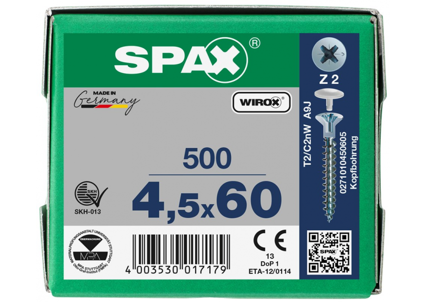 SPS SPAX kopboring 4.5 x 60 PZ2 /500st Wirox (0271010450605)