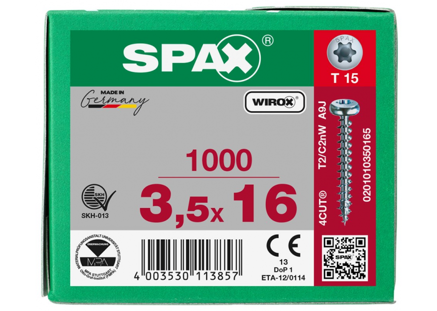 SPS SPAX bolkop 3.5 x 16 T15 /1000st Wirox (0201010350165)