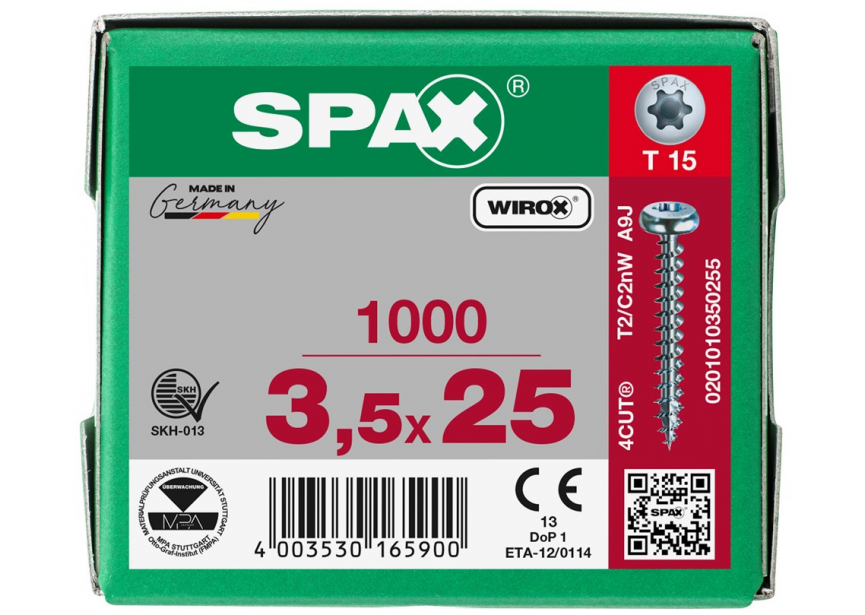 SPS SPAX bolkop 3.5 x 25 T15 /1000st Wirox (0201010350255)