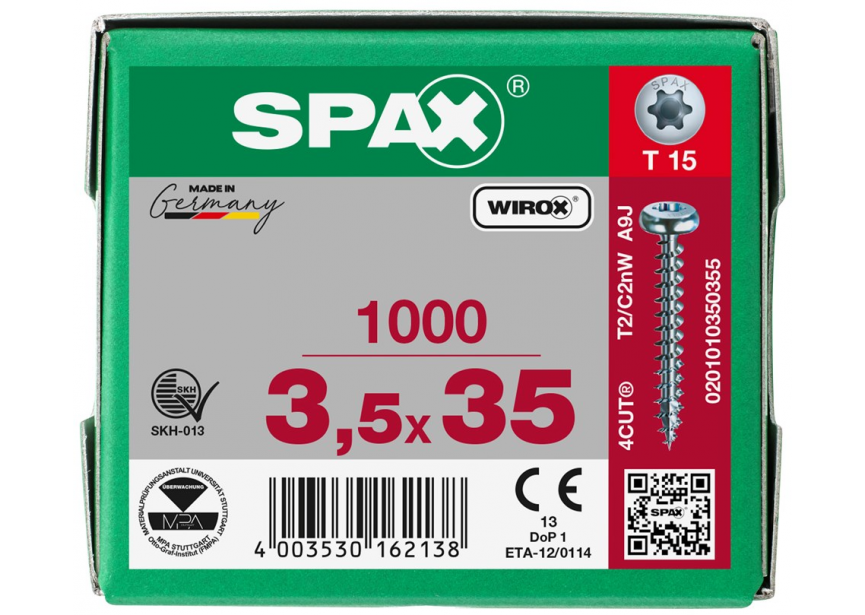 SPS SPAX bolkop 3.5 x 35 T15 /1000st Wirox (0201010350355)