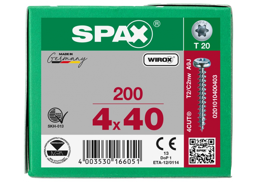 SPS SPAX bolkop 4.0 x 40 T20 /200st Wirox (0201010400403)