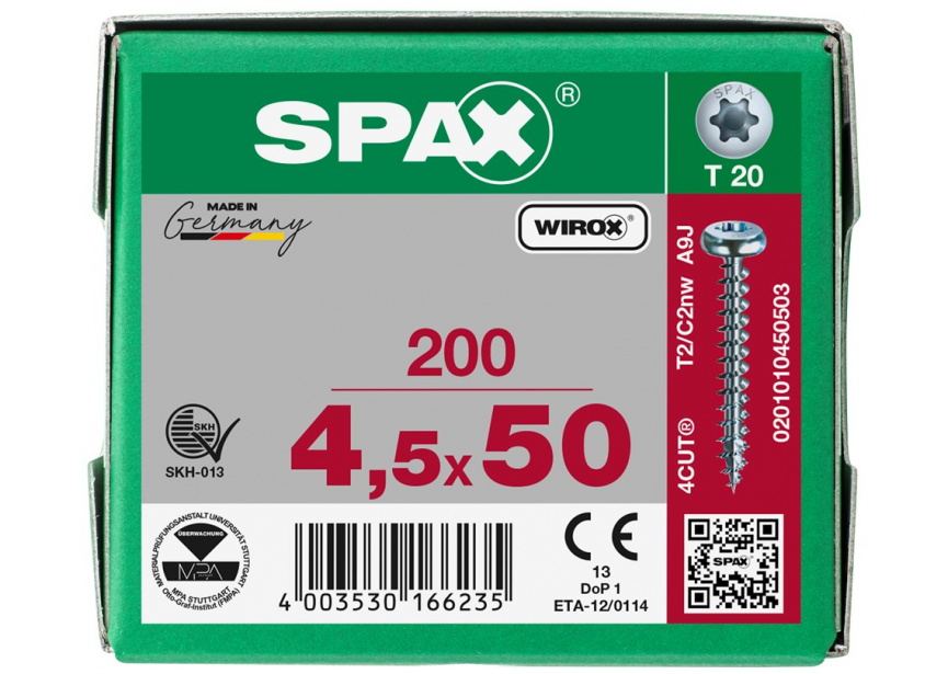 SPS SPAX bolkop 4.5 x 50 T20 /200st Wirox (0201010450503)