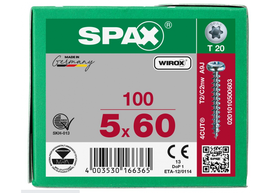 SPS SPAX bolkop 5.0 x 60 T20 /100st Wirox (0201010500603)