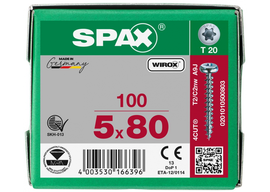 SPS SPAX bolkop 5.0 x 80 T20 /100st Wirox (0201010500803)