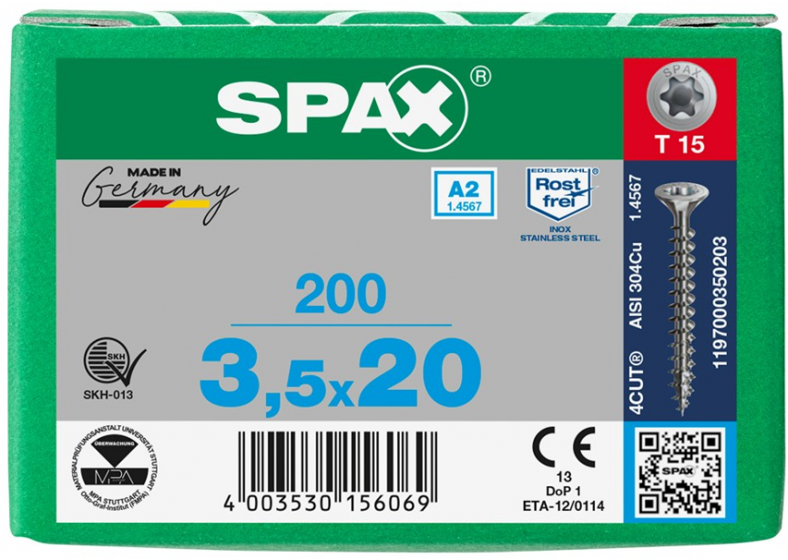 SPS SPAX 3.5 x 20 T15 inox A2 /200st 