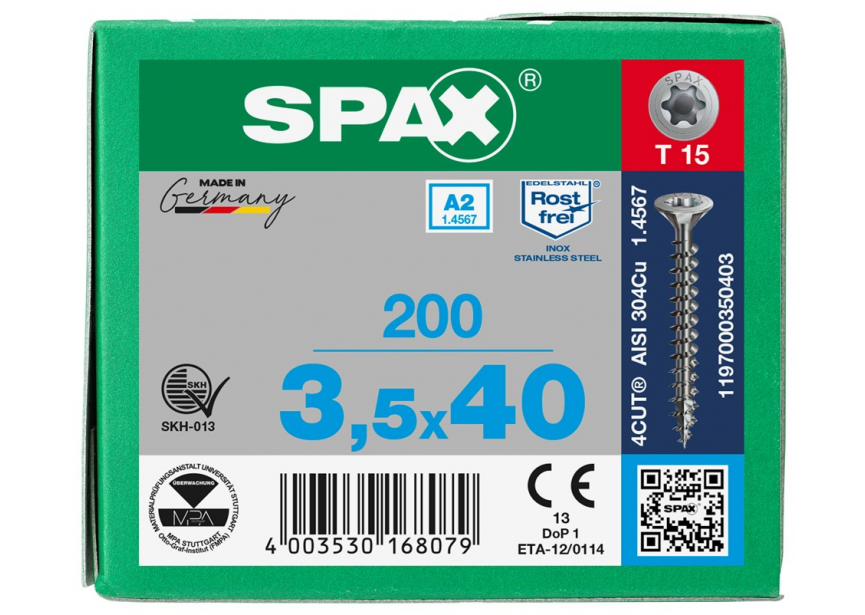 SPS SPAX 3.5 x 40 T15 inox A2 /200st 