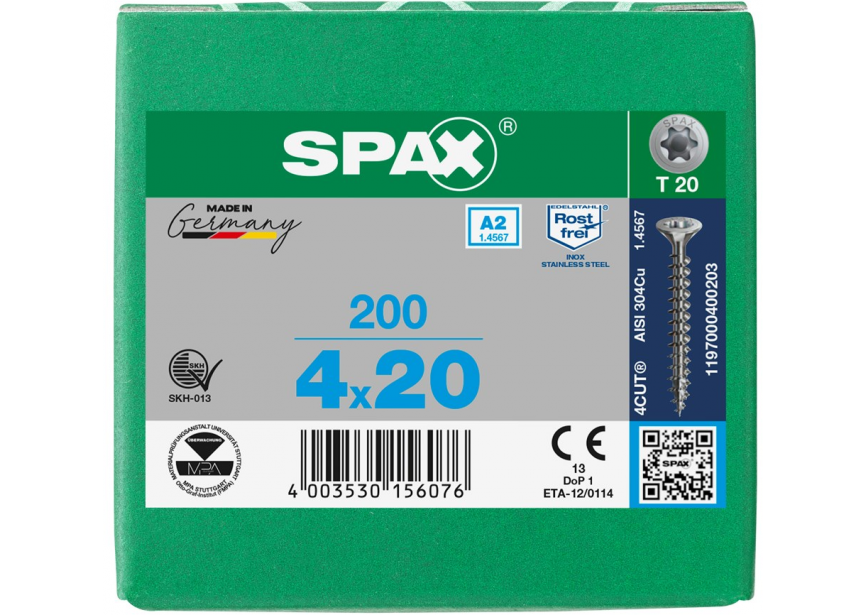 SPS SPAX 4.0 x 20 T20 inox A2 /200st 