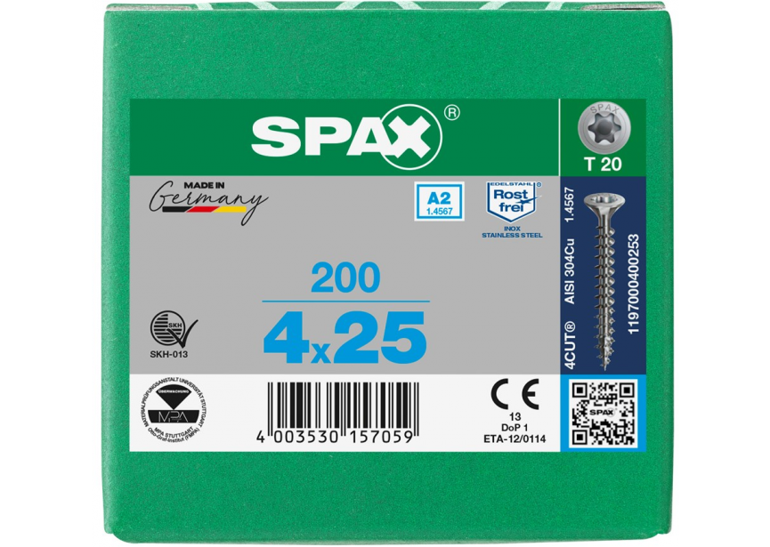 SPS SPAX 4.0 x 25 T20 inox A2 /200st 