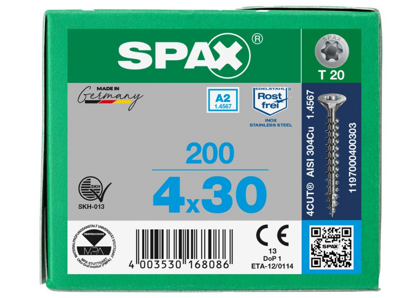 SPS SPAX 4.0 x 30 T20 inox A2 /200st 