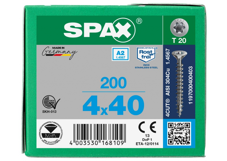 SPS SPAX 4.0 x 40 T20 inox A2 /200st 