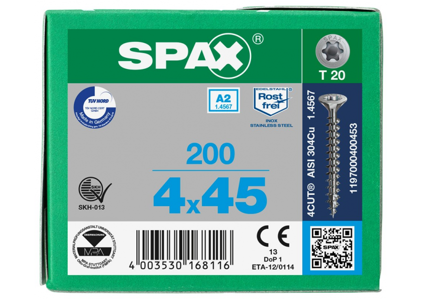 SPS SPAX 4.0 x 45 T20 inox A2 /200st 