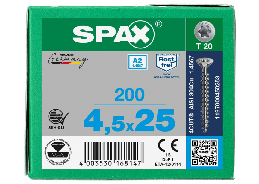 SPS SPAX 4.5 x 25 T20 inox A2 /200st 