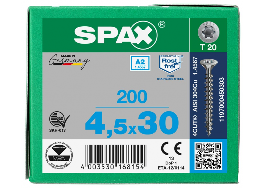 SPS SPAX 4.5 x 30 T20 inox A2 /200st 