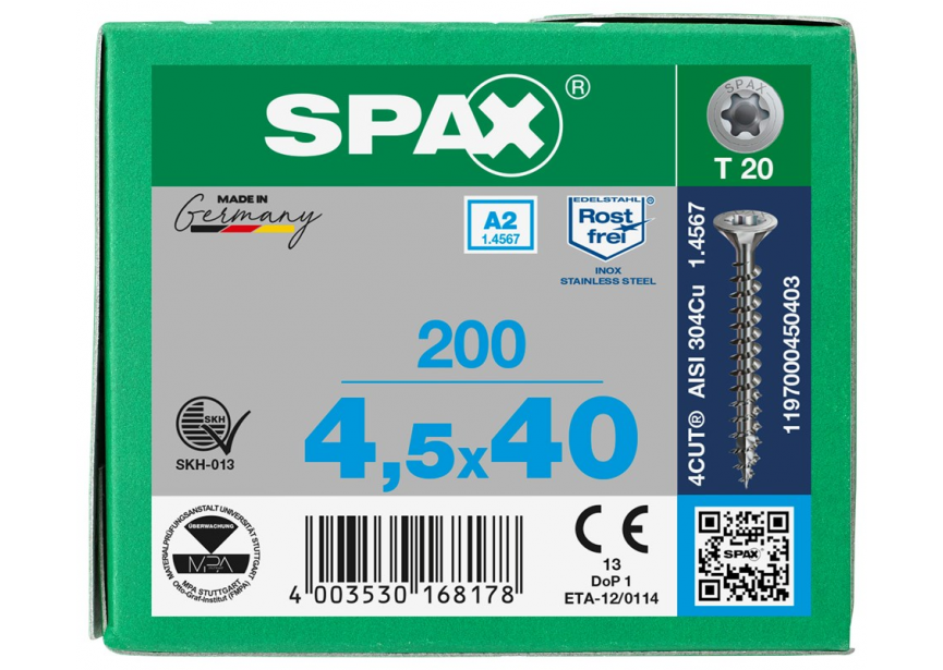 SPS SPAX 4.5 x 40 T20 inox A2 /200st 