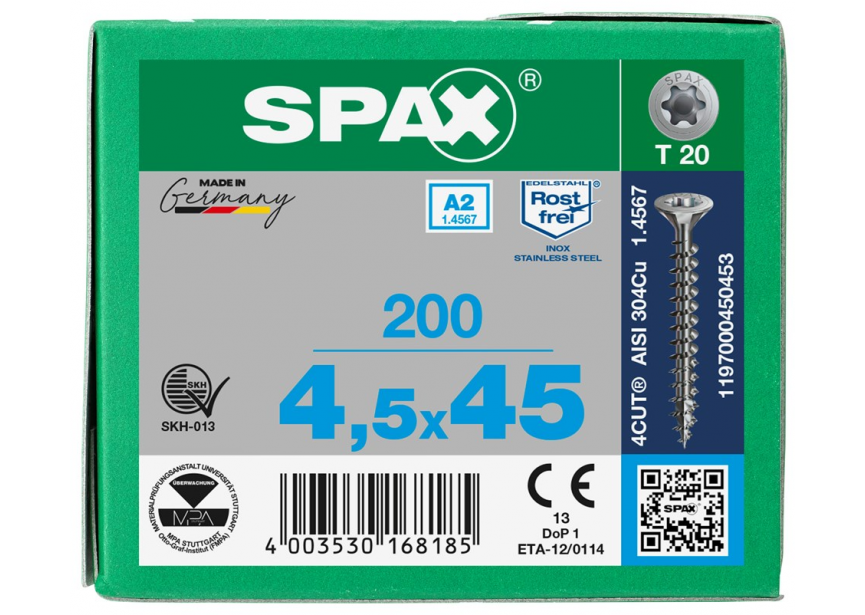 SPS SPAX 4.5 x 45 T20 inox A2 /200st 