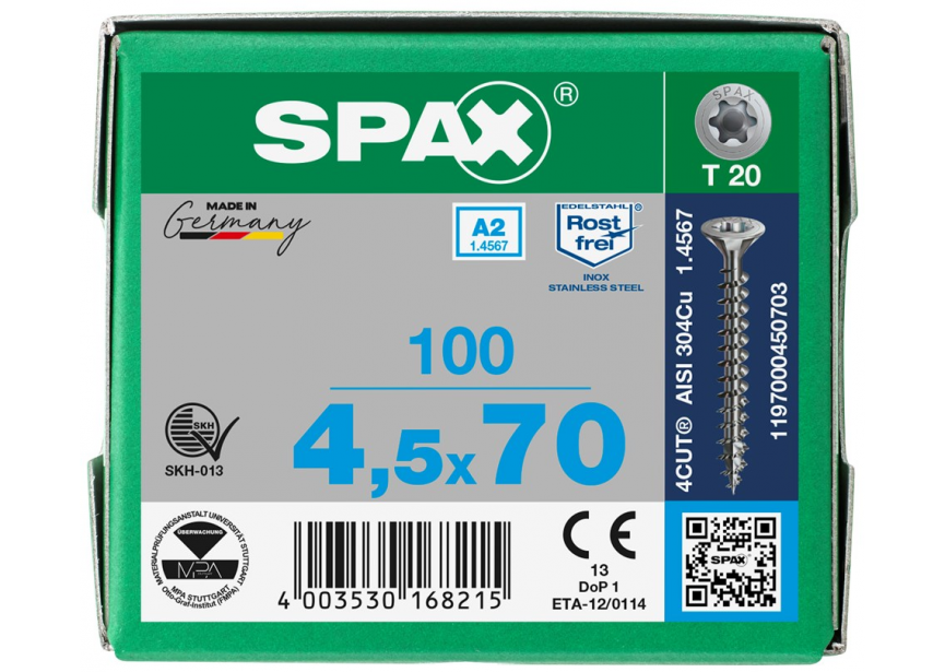 SPS SPAX 4.5 x 70 T20 inox A2 /100st 