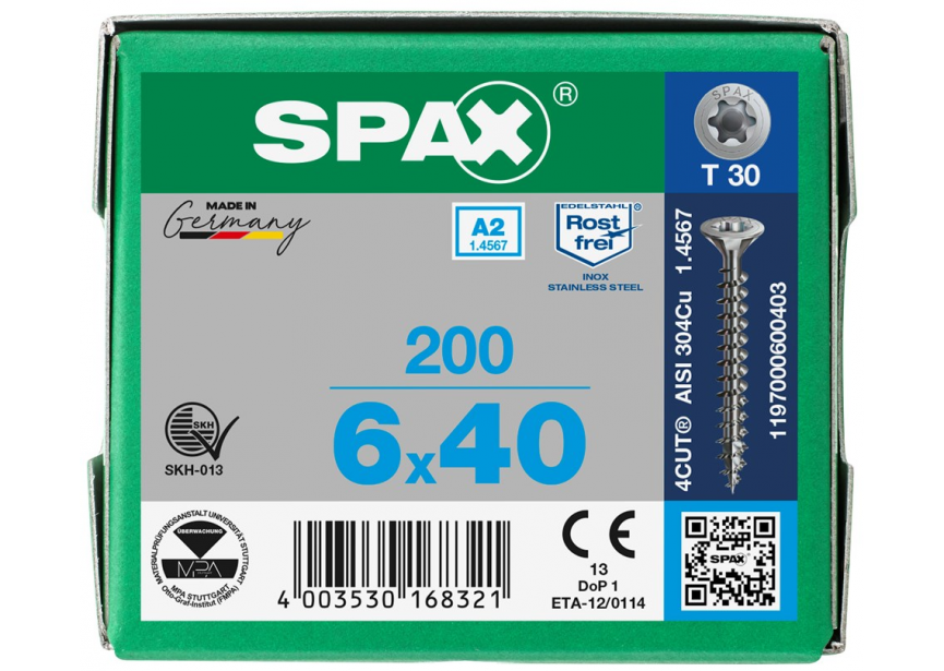 SPS SPAX 6.0 x 40 T30 inox A2 /200st 