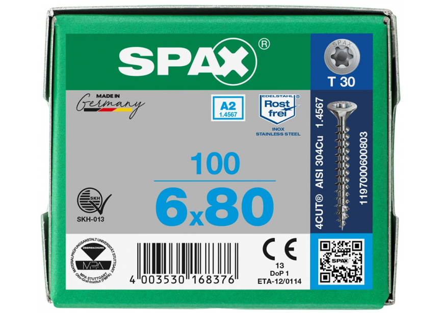 SPS SPAX 6.0 x 80 T30 inox A2 /100st 