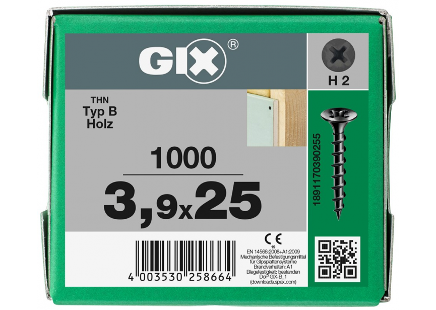 SPS SPAX Gyproc GIX B 3.9 x 25 / 1000st zwart gefosfateerd houten constructie