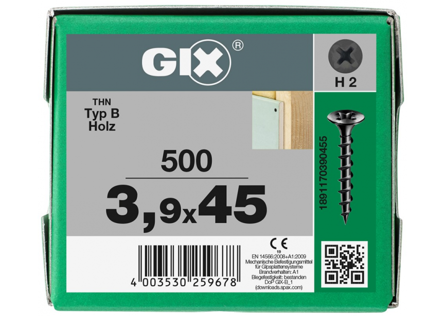 SPS SPAX Gyproc GIX B 3.9 x 45 / 500st zwart gefosfateerd houten constructie