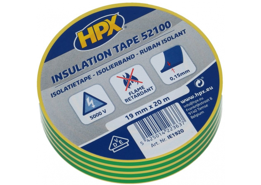 Isolatietape HPX 52100 19mmx20m geel/gro 