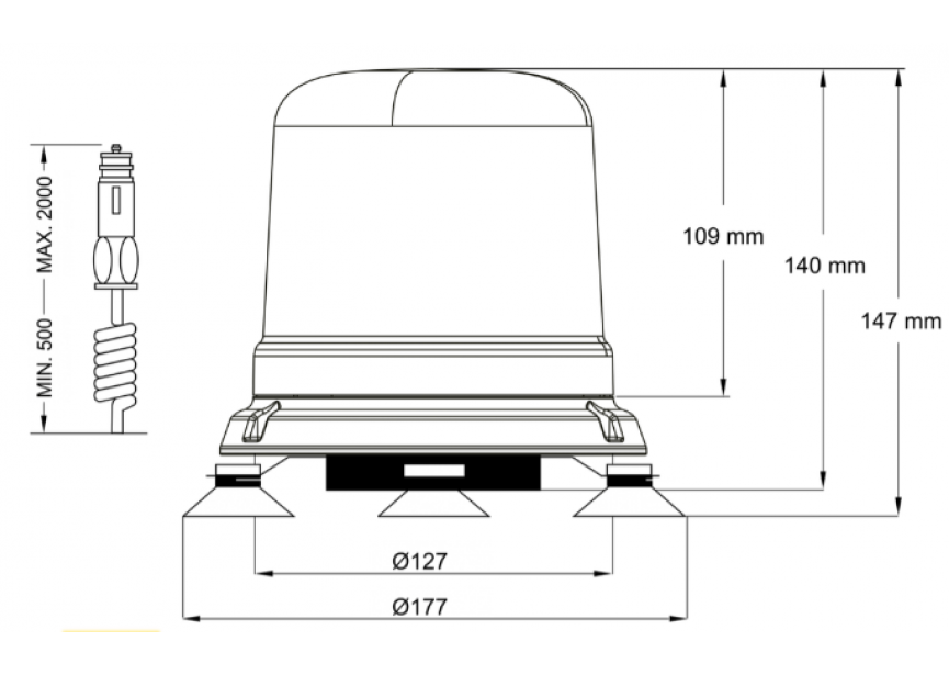 Zwaailamp LED oranje magnetisch (515M-DV-OR) met 12/24V autostekker